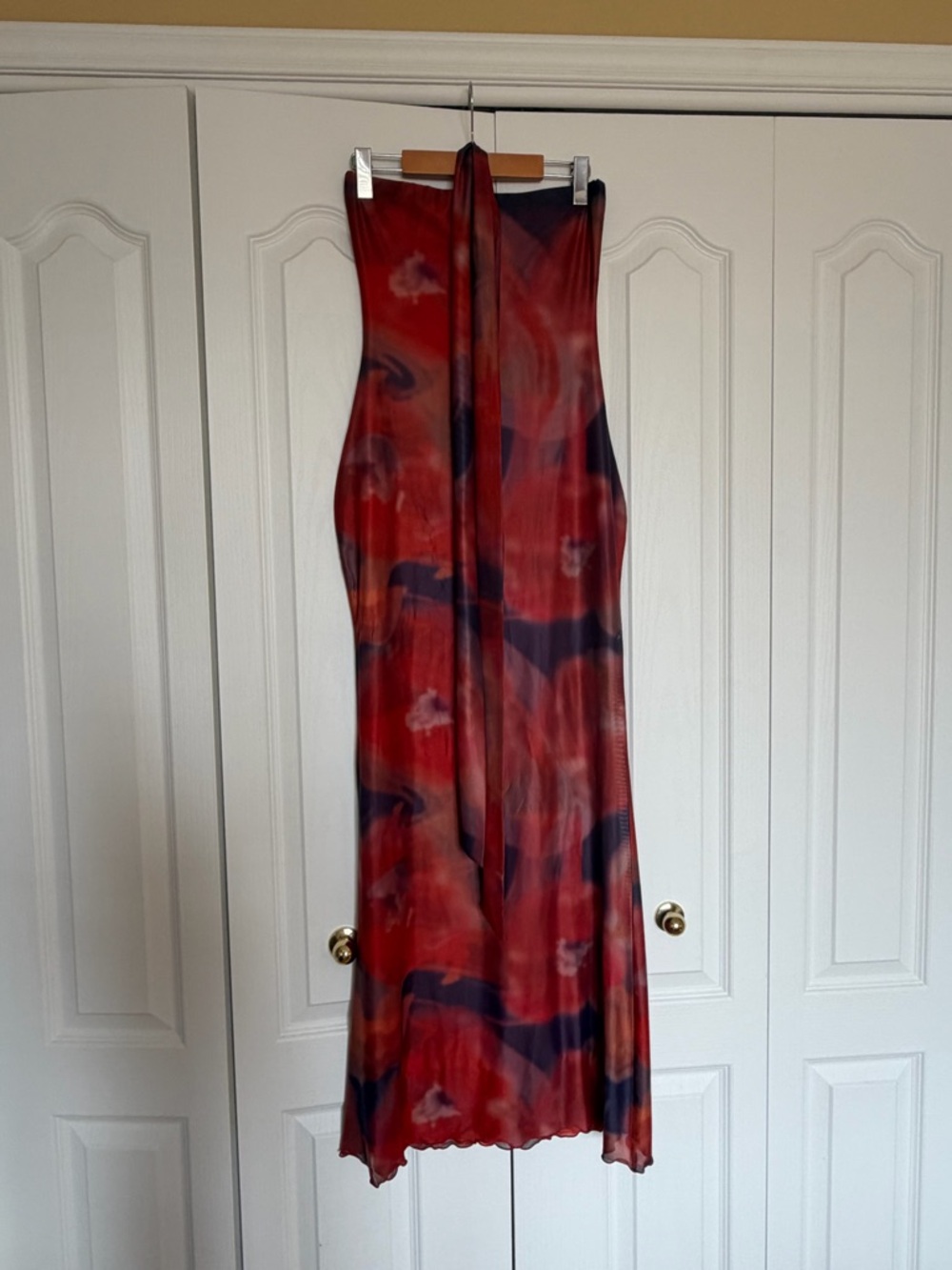 Red Abstract Tie-Neck Maxi Dress